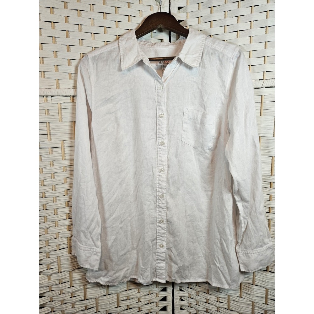 Denim & Company Womens XL Linen Blend White Button-Down Shirt Classic Preppy